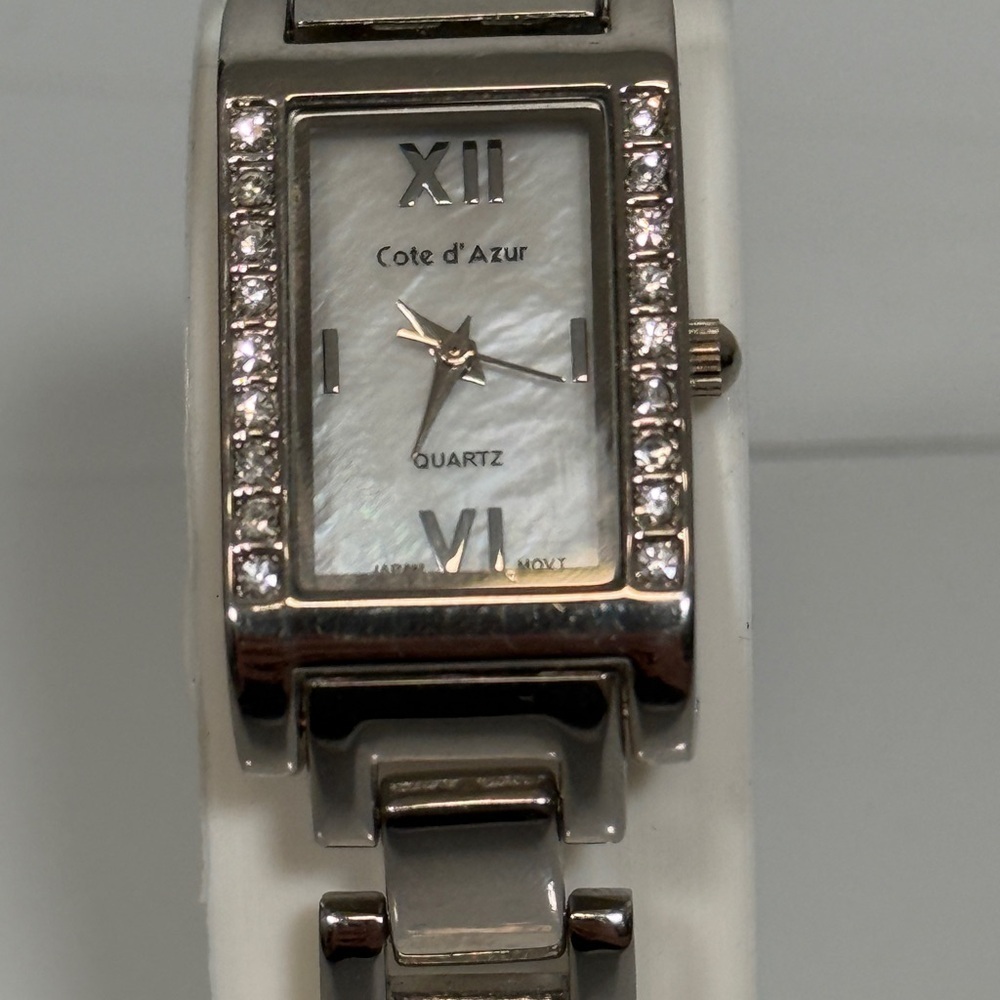 Cote d’Azur Silver Rhinestone Tank Watch Mother of Pearl Dial New Battery